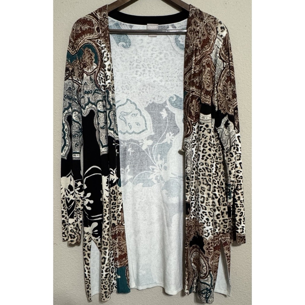 Chicos Long Cardigan One Button Size‎ 1P (US MP) Colorful Artsy Art To Wear
